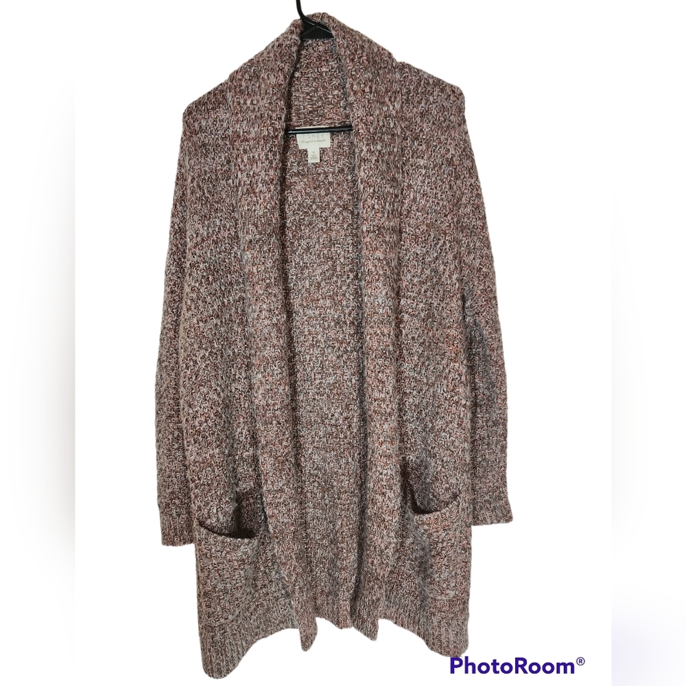 HINGE brown cream orange knit open front shawl collar cardigan 2 pockets Medium